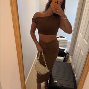 Brown Off-Shoulder Two-Piece Set